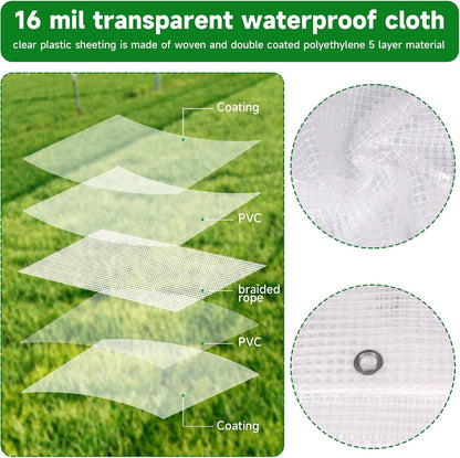 Clear Greenhouse Plastic Covering, 16Mil Thickness Heavy Duty Clear tarp for Chicken coop, Greenhouse Plastic sheeting with Hemmed Edges & preinstalled Grommets (White, 16x20ft)