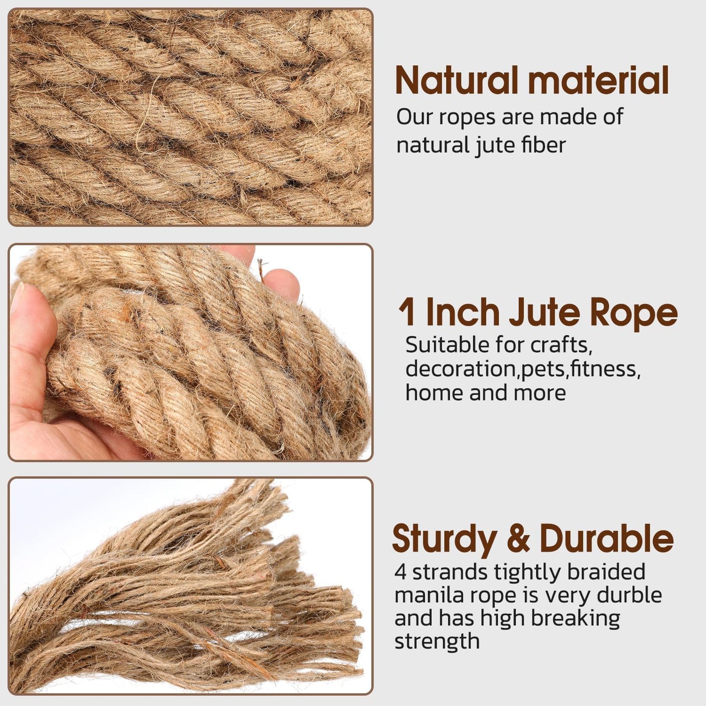 Jute Rope (1IN X 50 ft), 25mm Thick Twisted Manila Ropes,Tug of War Rope, Natural Heavy Duty Hemp Rope for Swing Bed, Crafts, Railing, Tug of War, Home Decorating (50ft, 25mm)