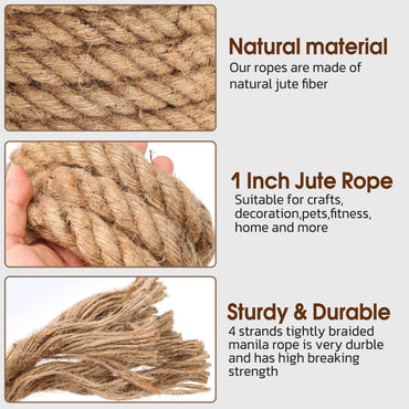 Jute Rope (1IN X 50 ft), 25mm Thick Twisted Manila Ropes,Tug of War Rope, Natural Heavy Duty Hemp Rope for Swing Bed, Crafts, Railing, Tug of War, Home Decorating (50ft, 25mm)