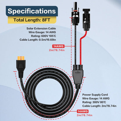 14AWG 8FT Solar to XT60i Charge Extension Cable for Solar Panels Portable Power Stations