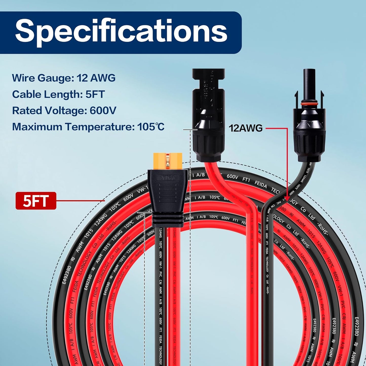 12AWG 5FT Solar to XT60i Charge Extension Cable for Solar Panels Portable Power Stations