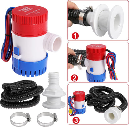 Boat Bilge Plumbing Kit 1-1/8 Inch Dia 12V Non-automatic Bilge Pump kit 1100 GPH with 6FT PVC Bilge Pump Hose (Straight Elbow)