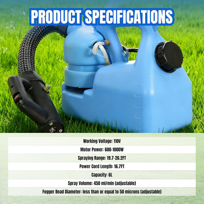 6L (1.58 Gallon) Electric Sprayer ULV Fogger Machine, 1200W Portable Fogger Sprayer with Adjustable Spray Volume Particle Size, for Indoor Outdoor Use in Home, Garden, Yard, Farm