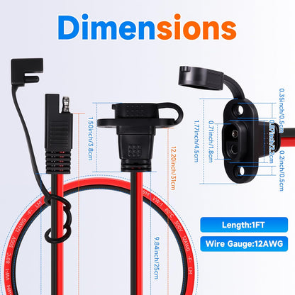 1FT 12AWG SAE Quick Connector Harness, 12 AWG 12 Gauge SAE Power Socket Sidewall Port Connector Male to Female Socket Cable with Dust Cover for Solar Panel, Generator, Battery Charger (12AWG 1FT)