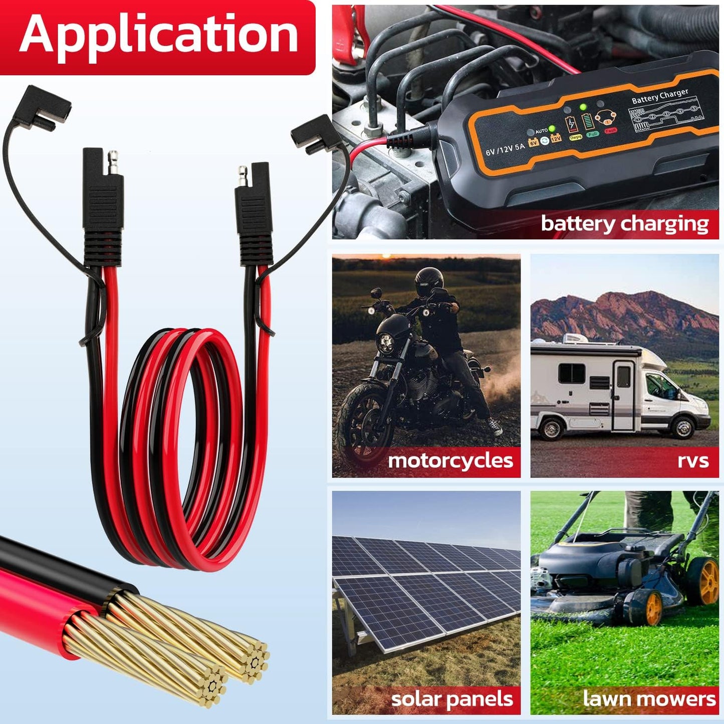 10AWG SAE Extension Cable 10 Gauge SAE to SAE Extension Cord with Two Prong Connectors for Solar RV Automotive (3FT)