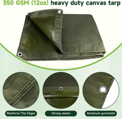 Heavy Duty Canvas Tarp 10x12ft, 12oz (350 GSM) Cotton Canvas Water-Resistant Tarp with Rustproof Grommets, Tear-Resistant Outdoor Cover for Wood Piles, Camping, Trailer & Equipment (10x12ft)