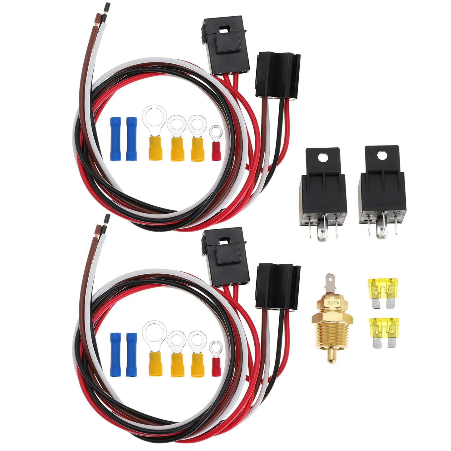 Dual Fan Relay Kit With Thermostat 185 On 175 Off 40A Temperature Sensor Switch for Radiator Cooling - Waterproof Wiring Harness