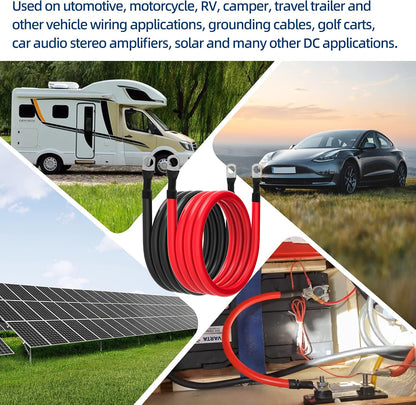 4 AWG Battery Cable 4AWG Gauge Pure Copper Battery Inverter Cables with 3/8 in Lugs Both Ends Power Inverter Wire Set for Automotive Solar Marine Boat RV Car Motorcycle Red and Black (6ft)