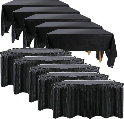 5 Pack Plastic Table Skirts for Rectangle Tables with 5 Pack Table Cloths, Blue Tableskirts and 54" x 108" Tablecloths, Disposable Tablecloth Skirt Covers for Party Birthday Baby Shower