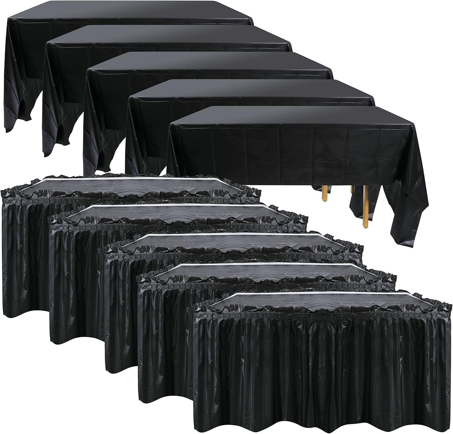 5 Pack Plastic Table Skirts & Cloths for Rectangle Tables, 14 Ft Blue Tableskirts & 54" x 108" Tablecloths, Disposable Tablecloth Skirt Covers for Party Birthday (Dark Blue)