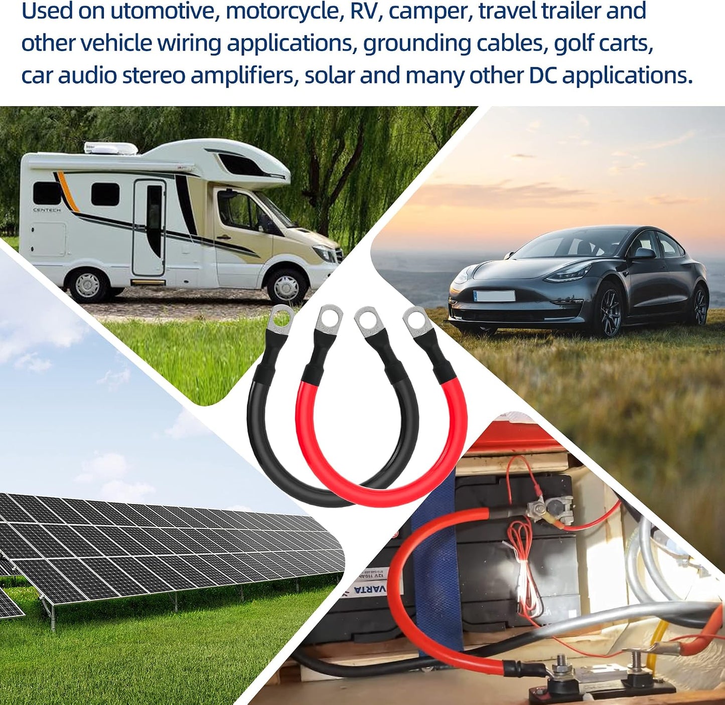4 AWG Battery Cable 4AWG Gauge Pure Copper Battery Inverter Cables with 3/8 in Lugs Both Ends Power Inverter Wire Set for Automotive Solar Marine Boat RV Car Motorcycle Red and Black (9in)