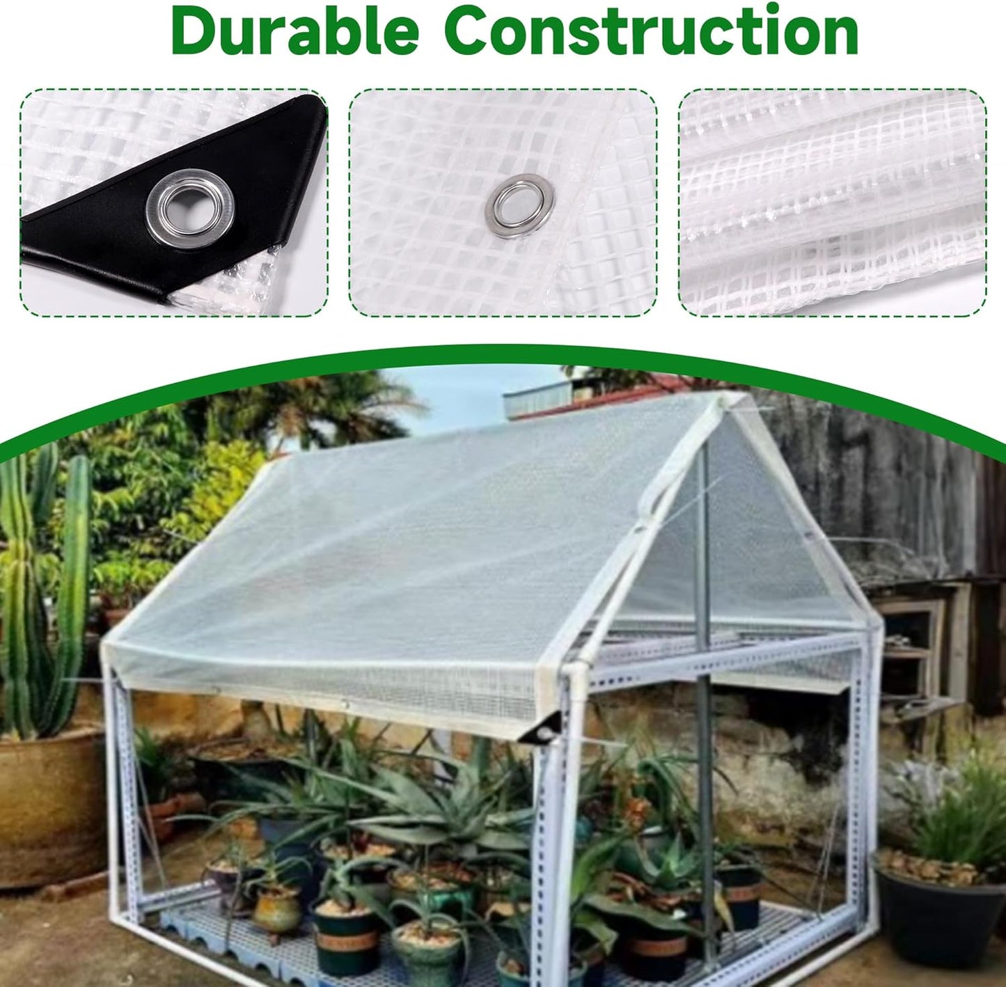 Clear Greenhouse Plastic Covering, 16Mil Thickness Heavy Duty Clear tarp for Chicken coop, Greenhouse Plastic sheeting with Hemmed Edges & preinstalled Grommets (white, 10x12ft)