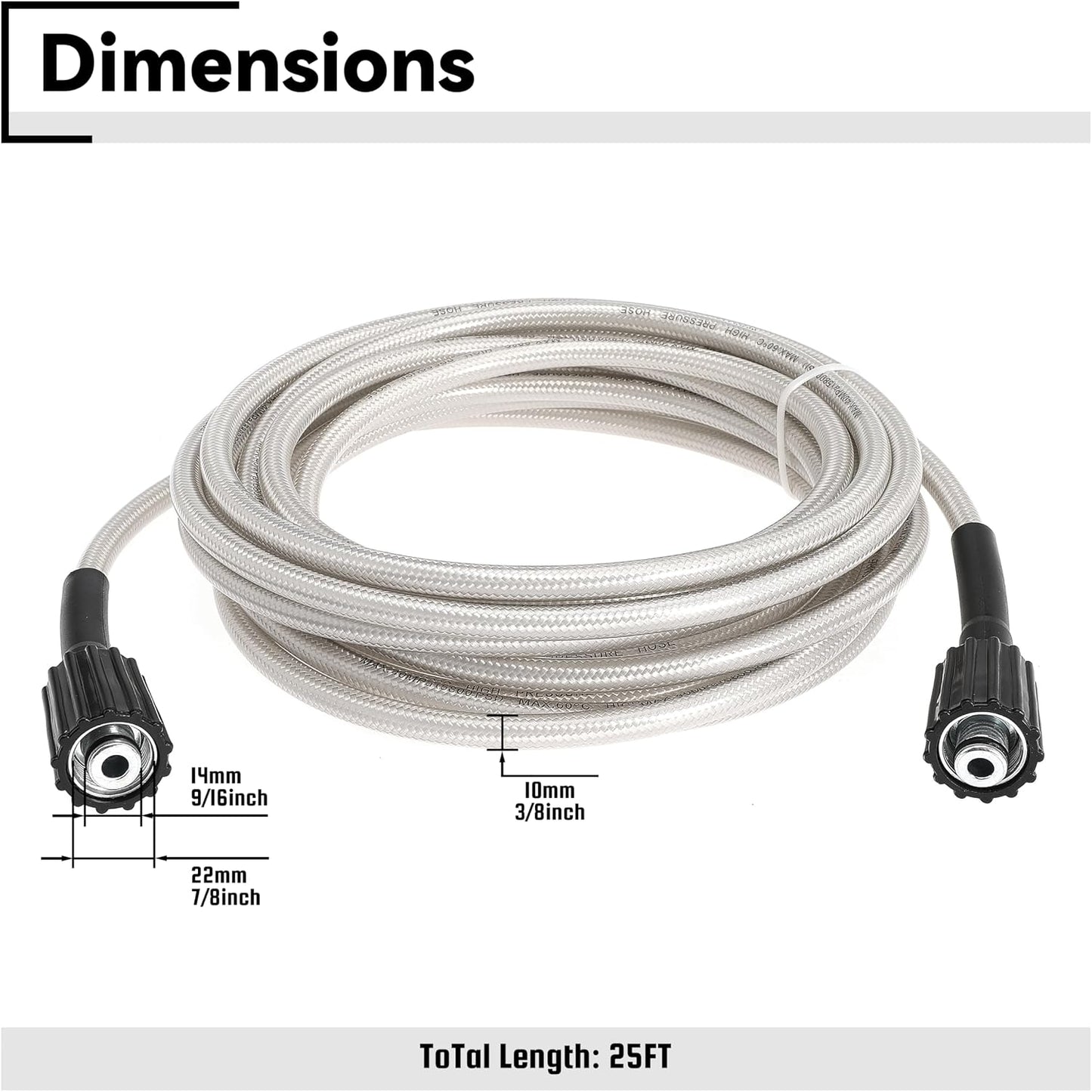308835074 Pressure Washer Hose Replacement for Ryobi RY141600 RY141612 RY141812G Electric Power Washer, 25FT Pressure Braided Hose (M22-14mm)
