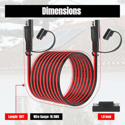 15FT 16AWG SAE Extension Cable, 16 AWG SAE to SAE Quick Disconnect Wire Harness 16 Gauge with SAE Polarity Reverse Adapter for Solar Panel RV Battery Automotive and Marine Applications (16AWG 15FT)