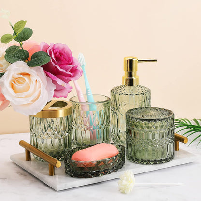 Bathroom Accessories Set,5Pcs Glass Bathroom Accessories Set, Lotion Dispenser, Soap Dish, Toothbrush Holder, Tumbler, Modern Bathroom Decor, Gift for Home Apartment (Green)