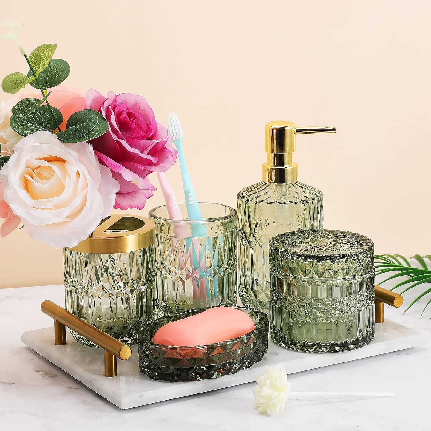 Bathroom Accessories Set,5Pcs Glass Bathroom Accessories Set, Lotion Dispenser, Soap Dish, Toothbrush Holder, Tumbler, Modern Bathroom Decor, Gift for Home Apartment (Green)