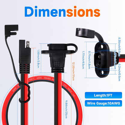 1FT 10AWG SAE Quick Connector Harness, 10 AWG 10 Gauge SAE Power Socket Sidewall Port Connector Male to Female Socket Cable with Dust Cover for Solar Panel, Generator, Battery Charger (10AWG 1FT)