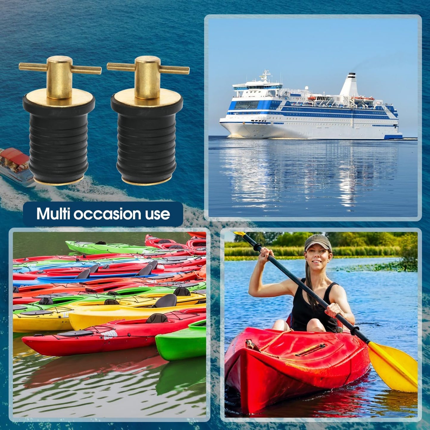 4pc Boat Drain Plugs - Rubber with Brass/Stainless Steel Handle - Marine Twist Plugs (Brass, 1 Inch)