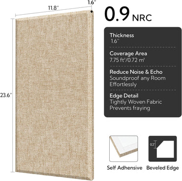 4 Pack Fiberglass Acoustic Wall Panels Fabric Wrapped 11.8'' x 23.6'' Khaki