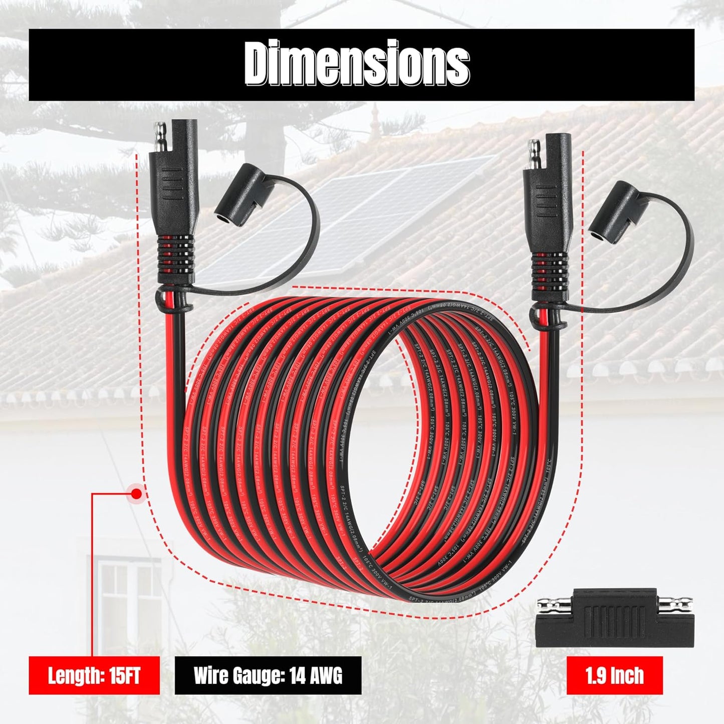 15FT 14AWG SAE Extension Cable, 14 AWG SAE Quick Disconnect Wire Harness 14 Gauge with Polarity Reverse Adapter for Solar Panel RV Battery Automotive and Marine Applications (14AWG 15FT)