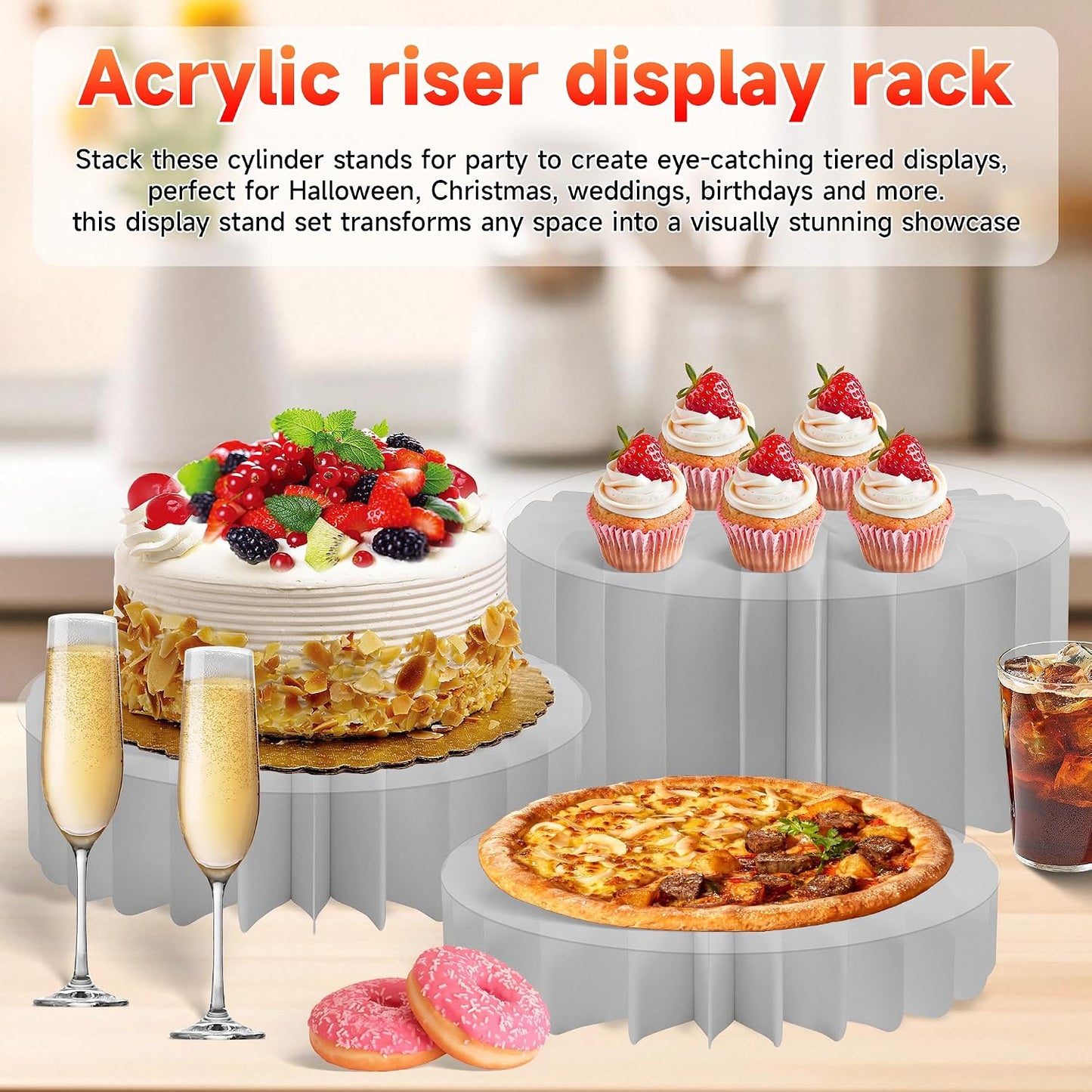 4-Pack Buffet Risers |Food Risers for Buffet Table,Black able Acrylic Risers Display Stands for Party | Cake Stand for Wedding, Birthday & Festive Tables (sliver, 4 park)