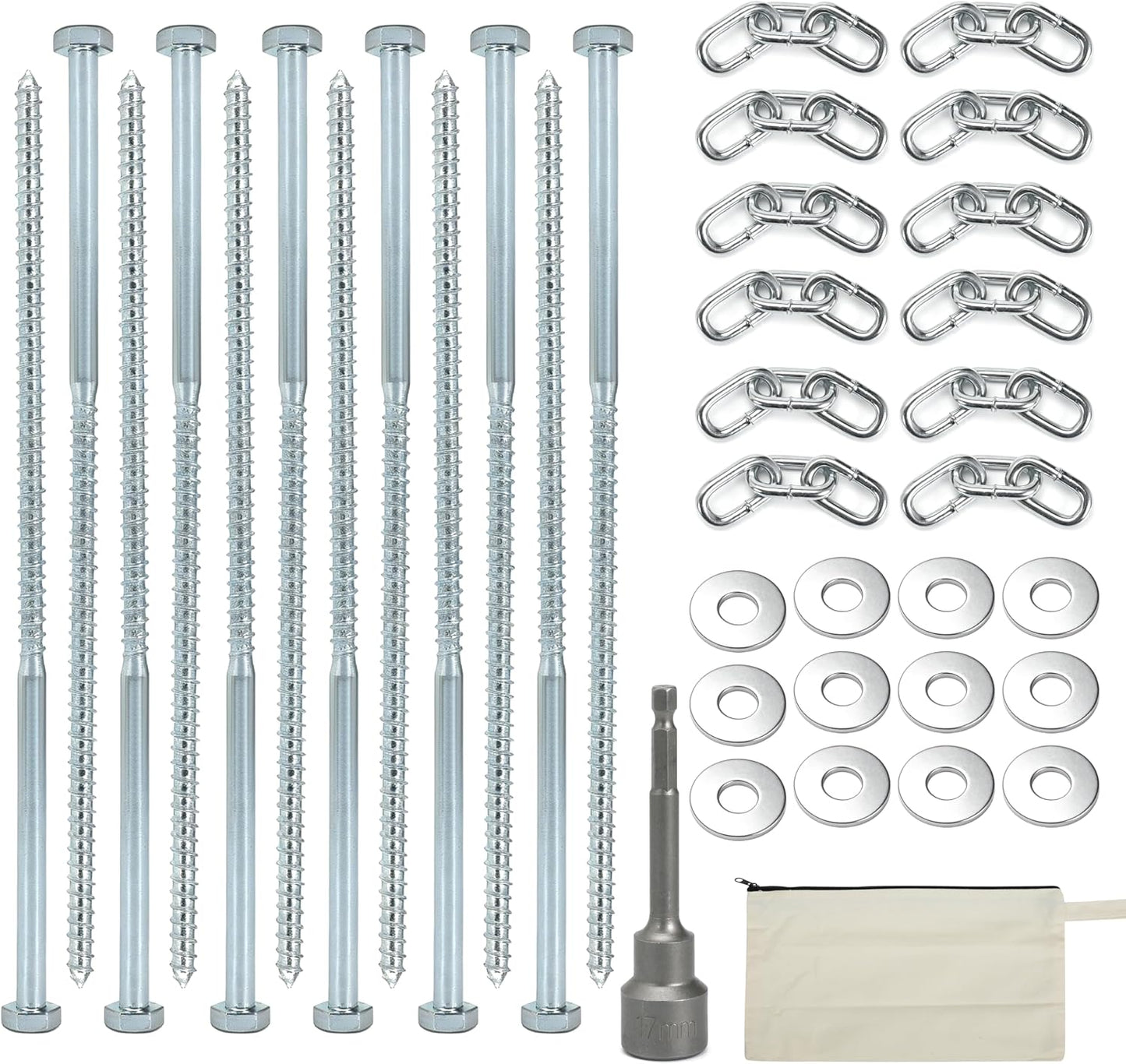 Heavy Duty Lag Screws 3/8 x 12 Tent Stakes Kit with Chain Links and Washers for Trampoline Carports Canopies Sheds Swing Sets Camping Ground Anchors for High Winds