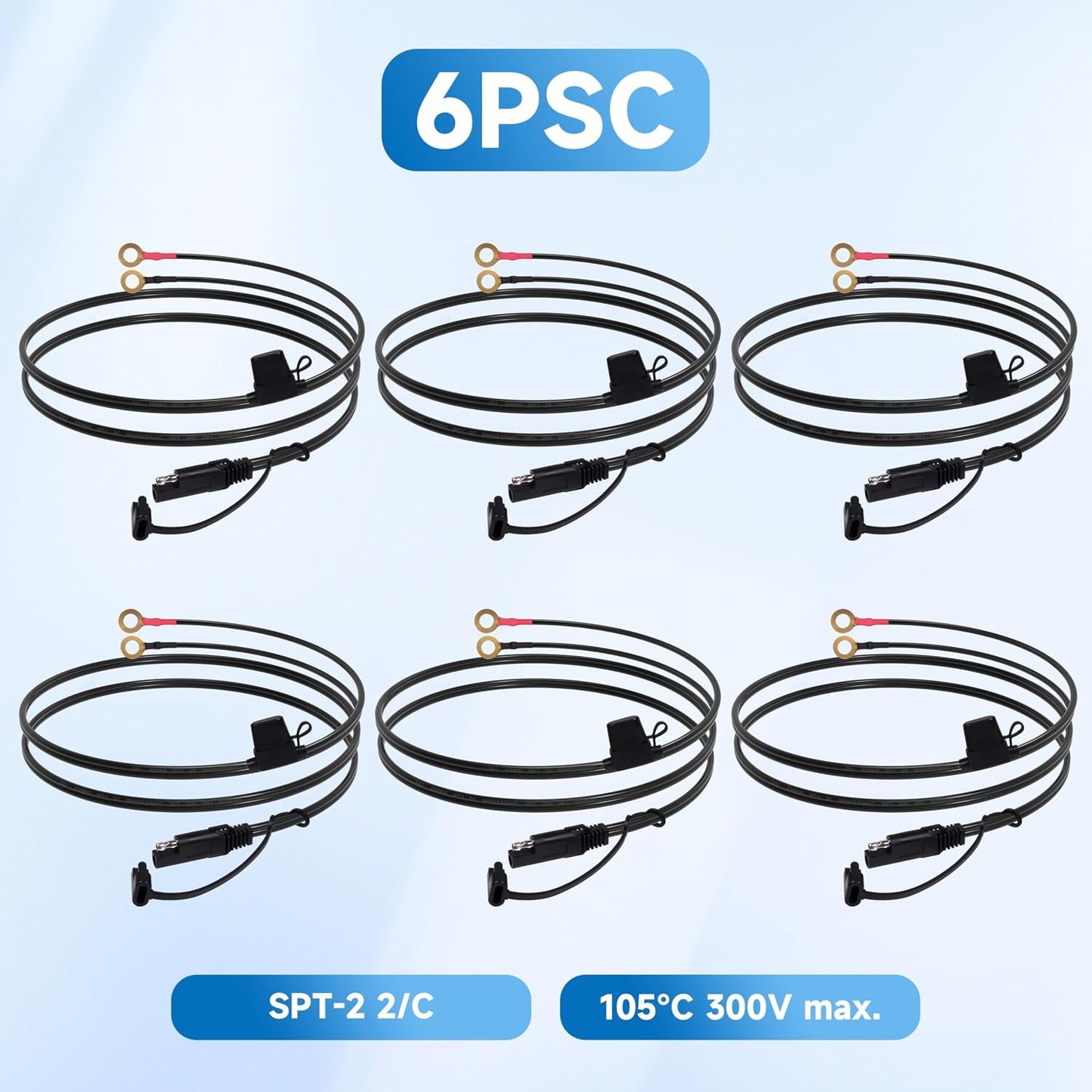 2FT 18AWG SAE Extension Cable, Battery Charger Cord 18 AWG, 2 Pin Quick Disconnect SAE to O Ring Terminal Harness Extension Cord for Solar Batteries Cars Motorcycles, 6pcs