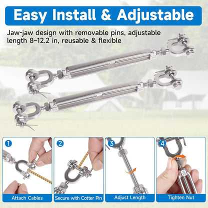 1/4" 304 Stainless Steel Jaw and Jaw Turnbuckle, Adjustable Small Turnbuckle Tensioner, Cable Tensioner, 1140 LBS Working Load Limit, Turnbuckles for Cables Wire Clothesline Shade Sail (M6-1/4-2pcs)