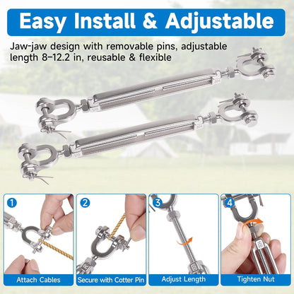 M5-3/16 Stainless Steel Jaw and Jaw Turnbuckle, Adjustable Small Turnbuckle Tensioner, Cable Tensioner, 1140 LBS Working Load Limit, Turnbuckles for Cables Wire Clothesline Shade Sail (M5-3/16-2pcs)