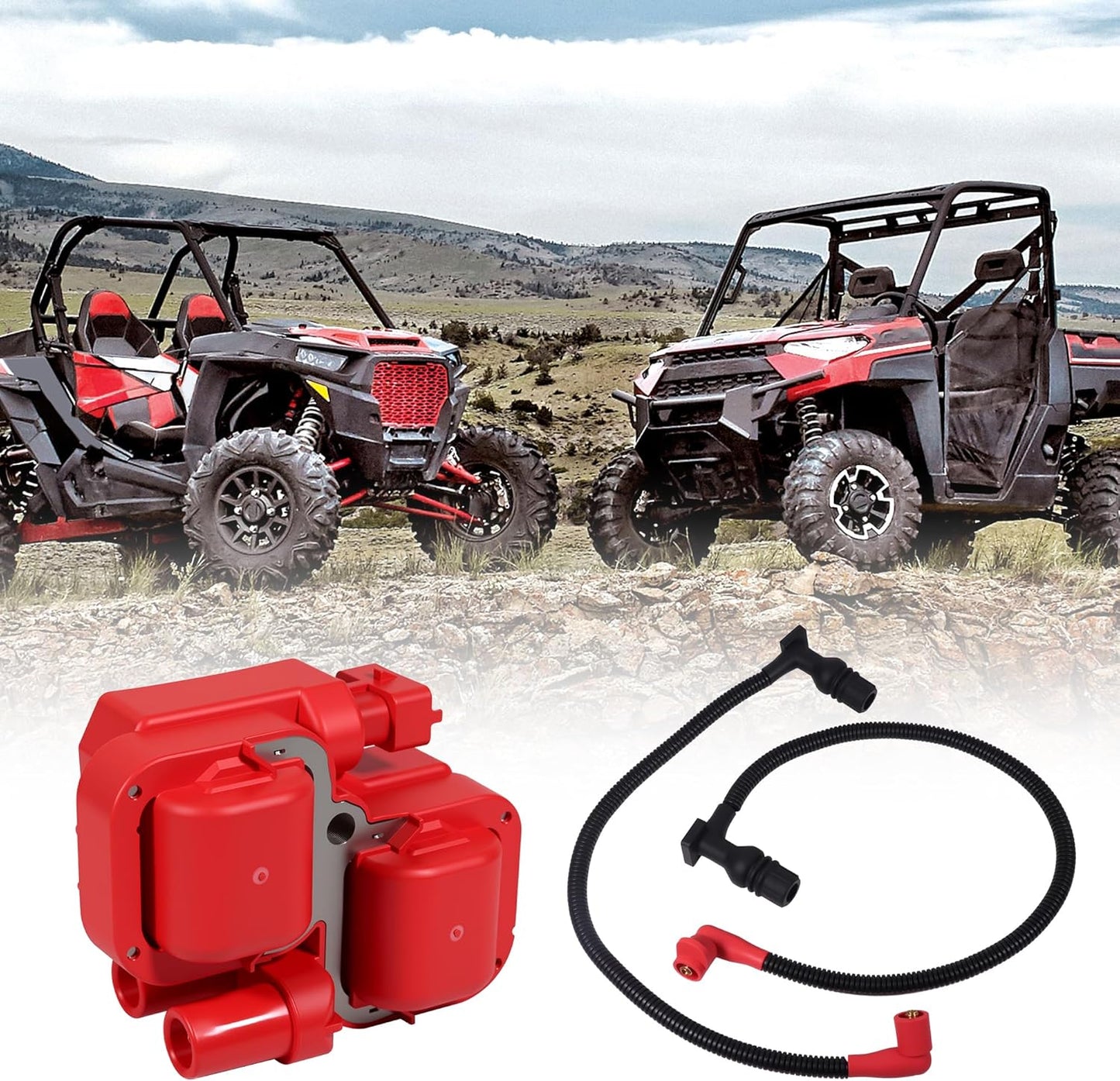 Ignition Coil Replace 2876049 4010425 and Spark Plug Wire Cap Replace 4012888 4012889 for Polaris Ranger Crew RZR 4 S 800 2011-2017 (CWC)