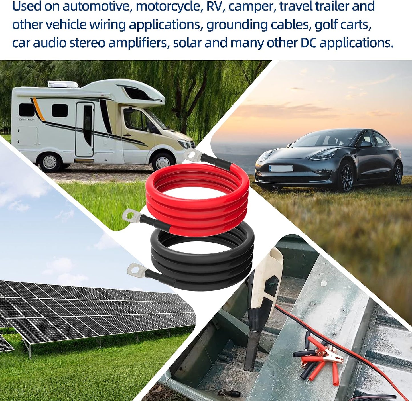 6 AWG Battery Cables 6 Gauge Battery Power Inverter Cable with 5/16 Inch Tinned Copper Lugs Both Ends for Solar Marine Boat RV Car Motorcycle 2 pcs (3FT)