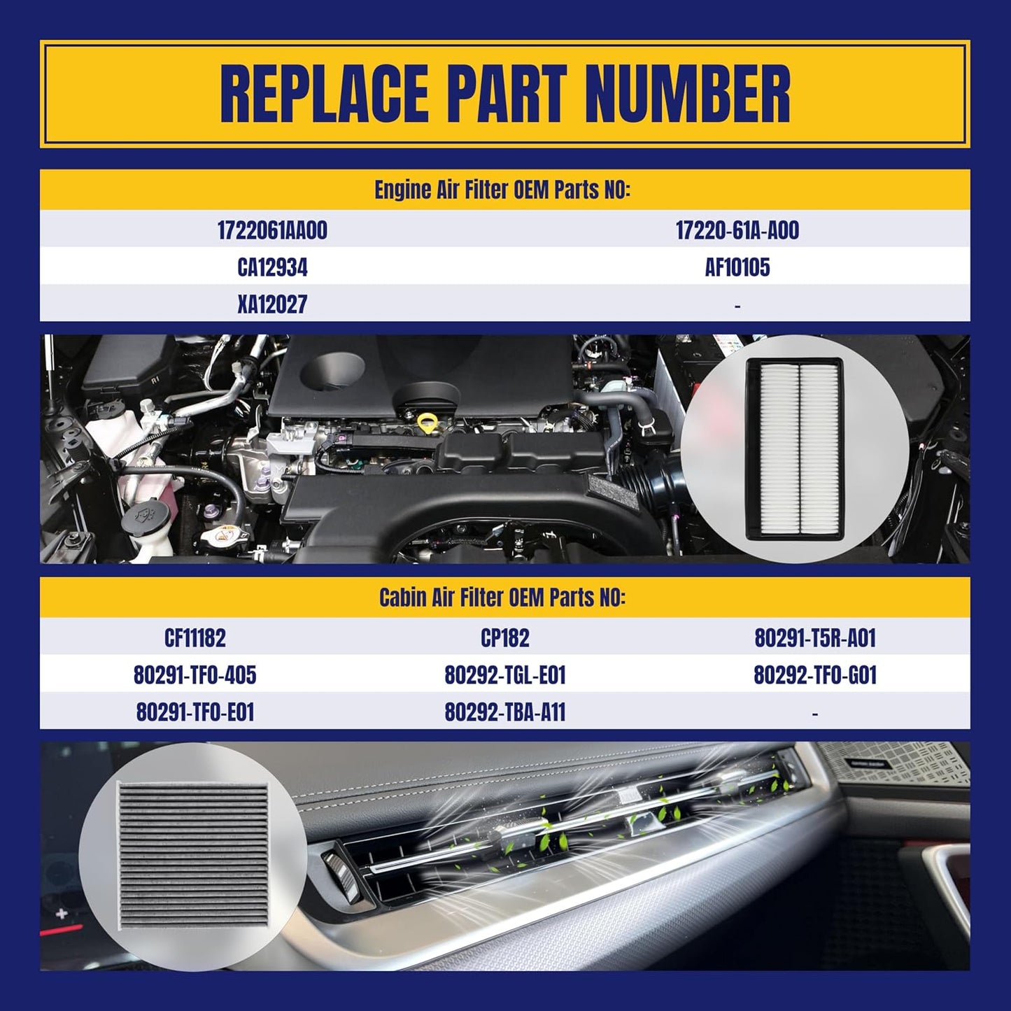 Engine and Cabin Air Filter for Honda Pilot 3.5L 2023-2025 for Acura MDX 3.5L 2022-2025 Replace 17220-61A-A00 CF11182