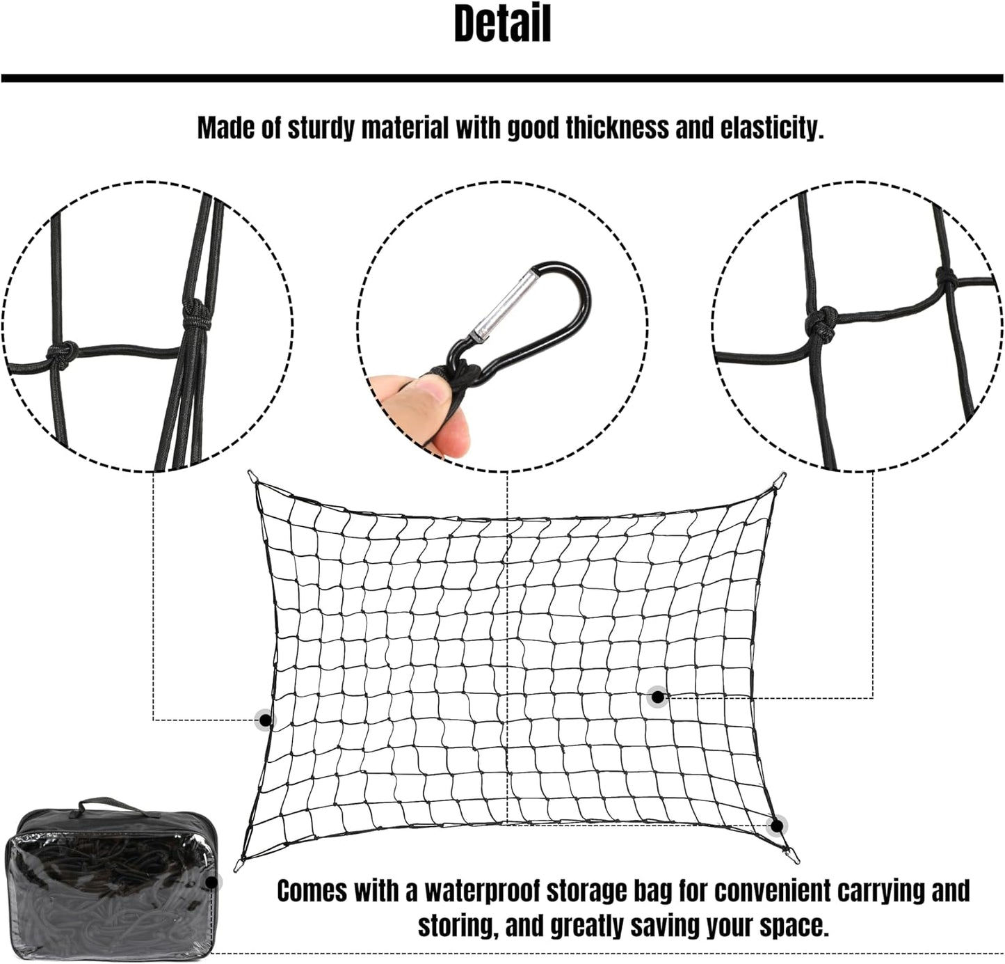 Black Polyester Cargo Net for Truck Bed, 4' x 6' to 10' x 15', Carabiner and Buckle Fasteners