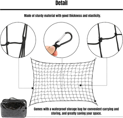 Black Polyester Cargo Net for Truck Bed, 4' x 6' to 10' x 15', Carabiner and Buckle Fasteners