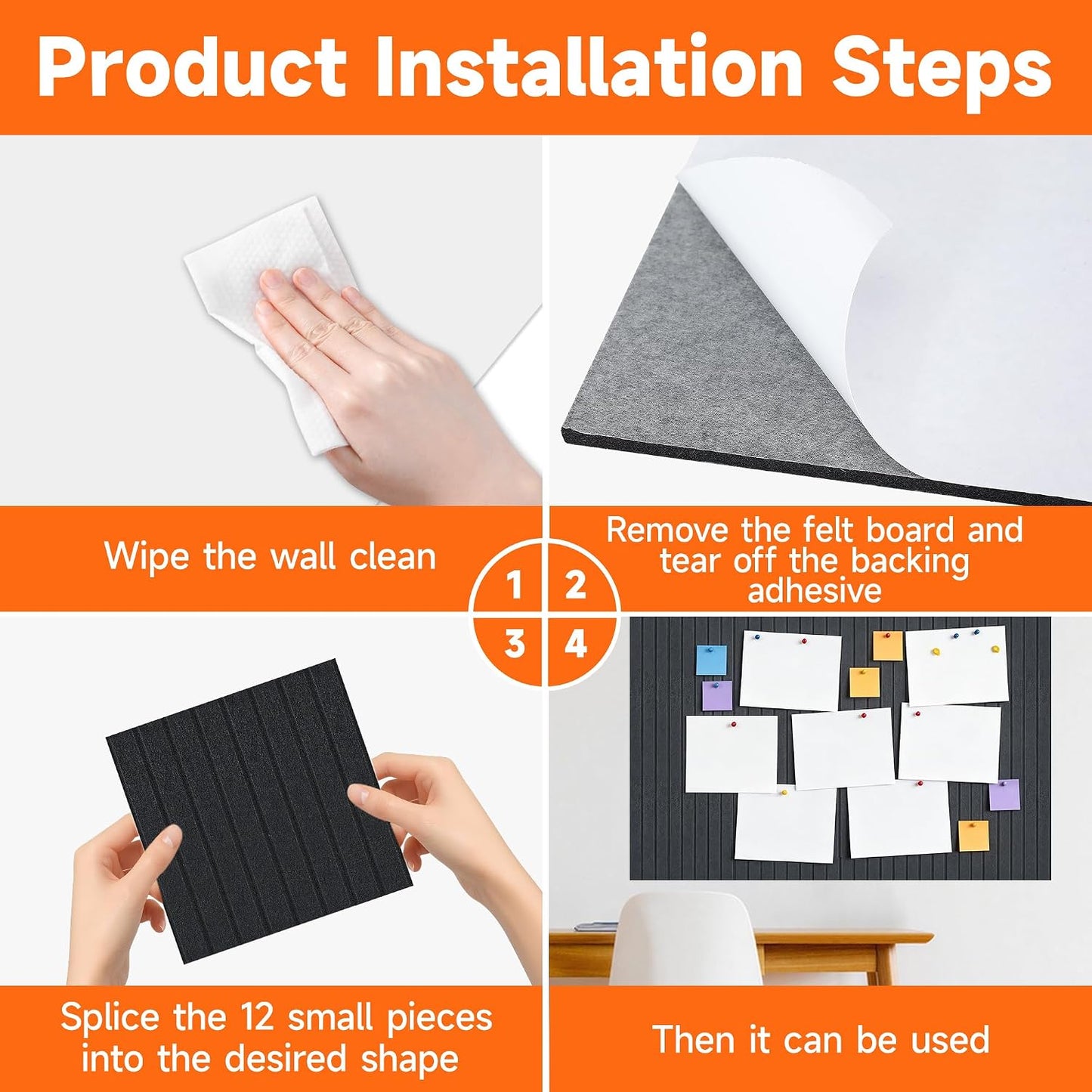 Large Splicing Felt Bulletin Board Cork Board Alternative 36" x 24" Felt Pin Board for Home Office Classroom Wall Decor Felt Wall Panel with Pushpins Adhesive Tabs(Fine-Stripe 6 Pack, Black)