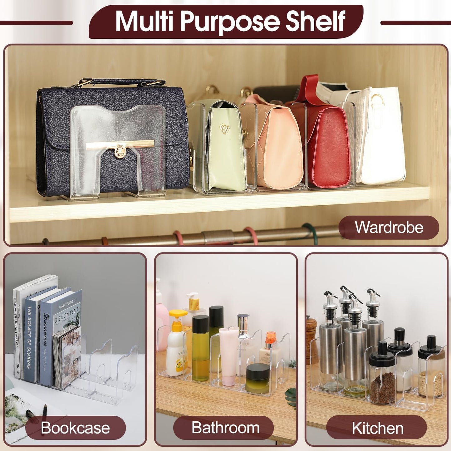 frtzal Purse Handbag Organizer 4 Sections Bag Closet Shelf Divider Purse Display Stand Handbag Storage Organizer Clear Desk File Sorter Stand Holder Bookshelf 13 x 6 x 5 Inches (4pcs upright)
