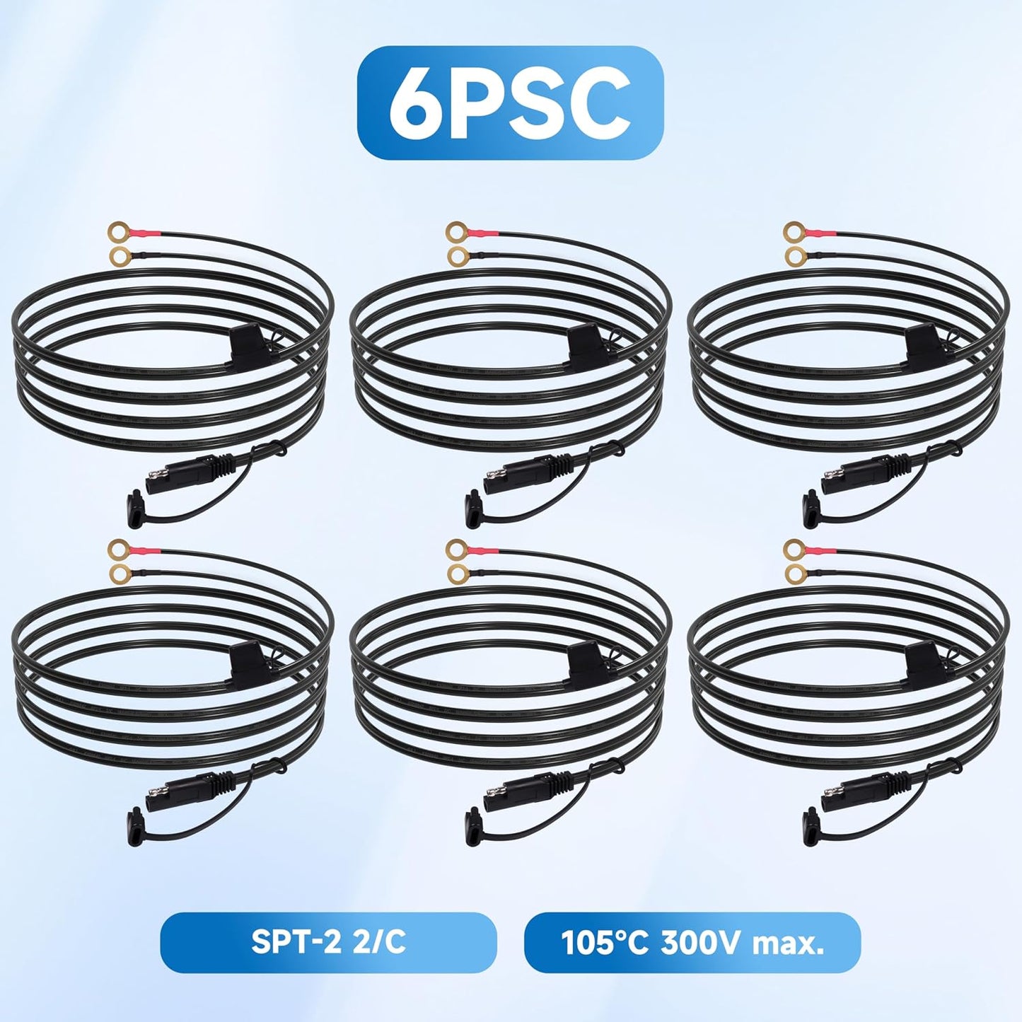 5FT 18AWG SAE Extension Cable, SAE Battery Charger Cord 18 AWG, 2 Pin Quick Disconnect SAE to O Ring Terminal Harness Extension Cord for Solar Batteries Cars Motorcycles, 6pcs