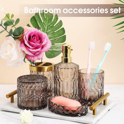 5Pcs Glass Bathroom Accessories,Bathroom Sets Complete, Lotion Dispenser, Soap Dish, Toothbrush Holder, Tumbler, Cotton Swab Jars, Modern Bathroom Decor and Gift Set (Gary)