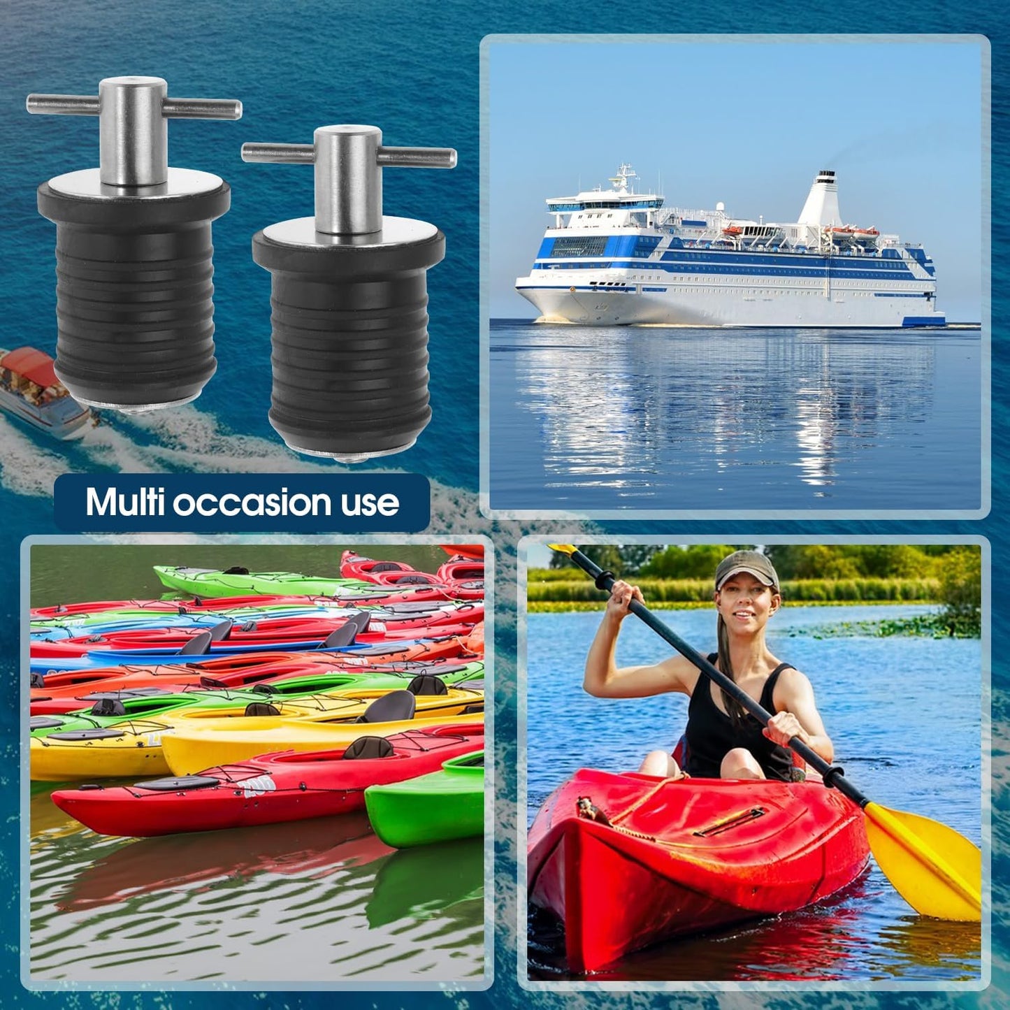 4-Pc Boat Plug Set - T Handle Drain Plugs with Brass/Stainless Steel Handle (Stainless Steel, 1 Inch)