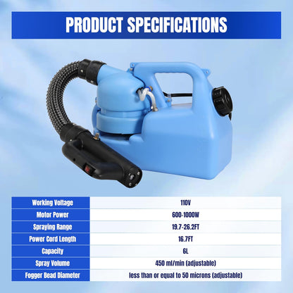 ULV Fogger Machine 6L (1.58 Gallon) Electric Portable Fogger Sprayer Ultra-Low Volume Atomizer for Indoor Home Hotel Outdoor Yard Gardens Church School