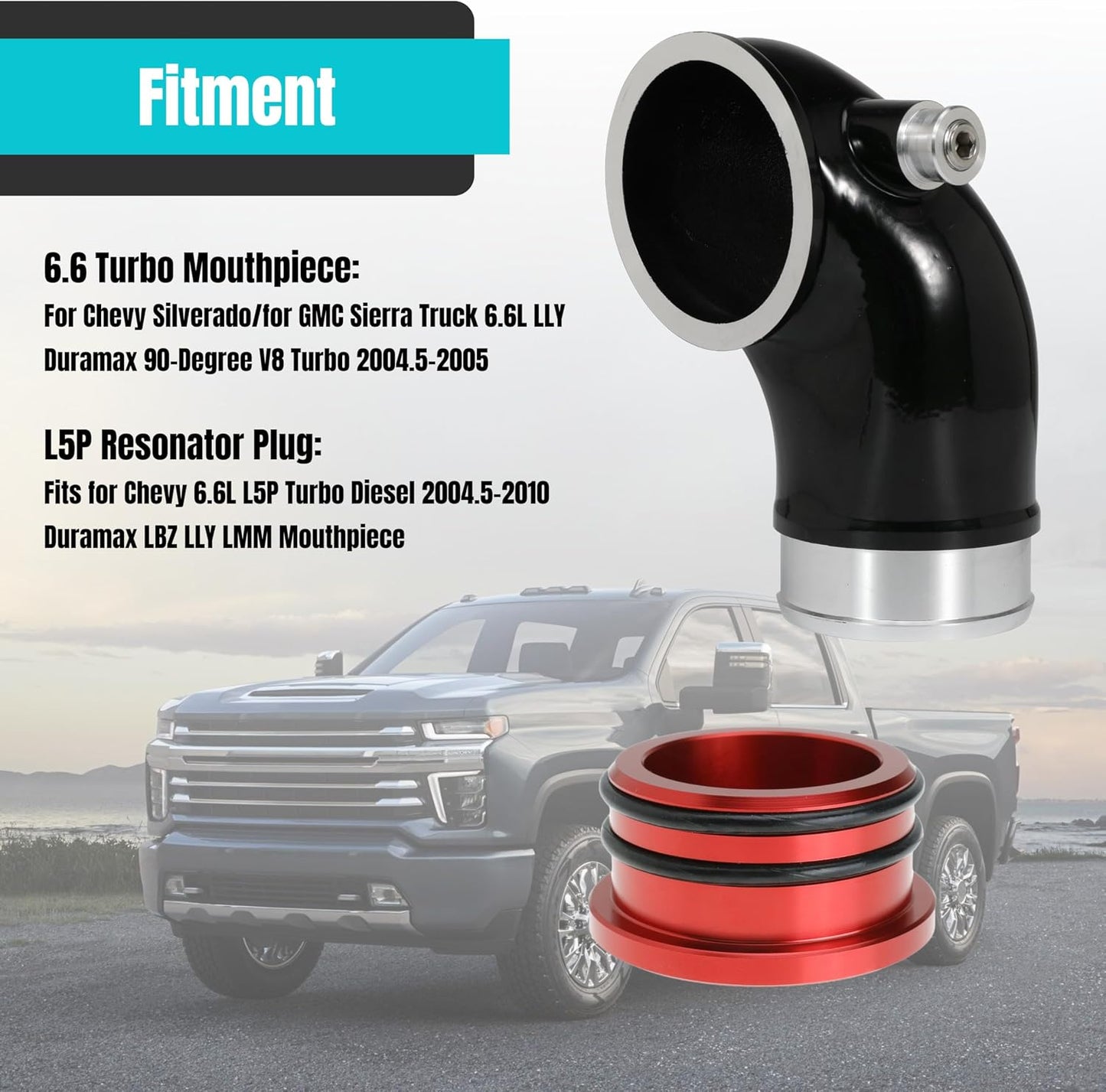 6.6 Turbo Mouthpiece, LLY Engine Turbo Mouthpiece Fits for Duramax 6.6L LLY 2004.5-2010, Inlet Manifold Intake Elbow for Chevrolet for GMC Sierra Trucks with Billet Resonator Plug Cover Cap