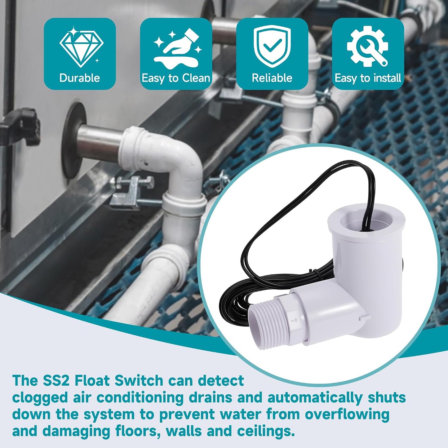 Float Switch SS2 L-Shape with 3/4 Inch Adaptor and 6Ft Wire Water Float Switch for HVAC Drain Pan Condensate Outlet (6Pack)