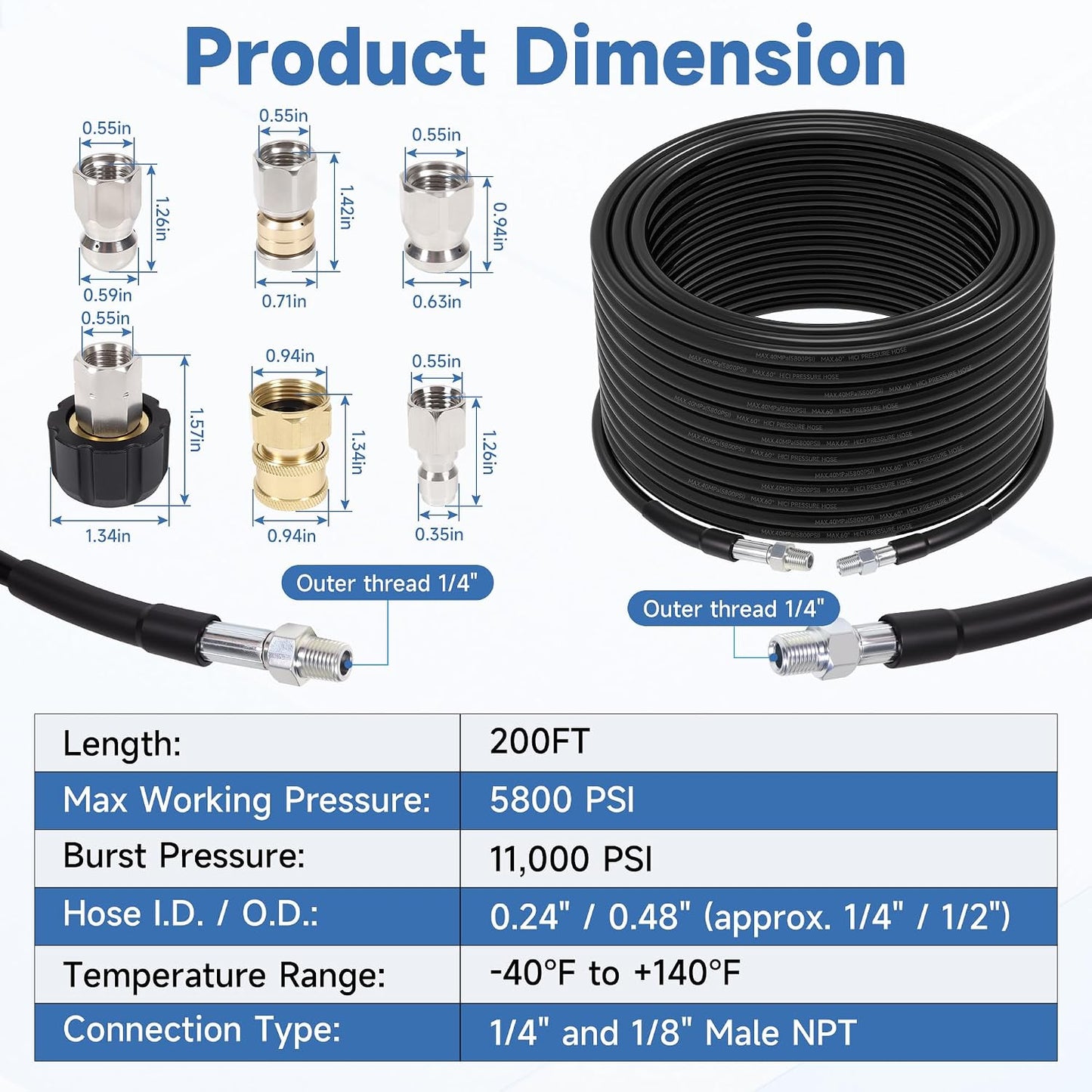 200FT Sewer Jetter Kit for Pressure Washer, 5800PSI, 1/4 Inch NPT Drain Cleaner Hose Sewer Jetting with Rotating Corner Button Nose Nozzle for Pipe Cleaning