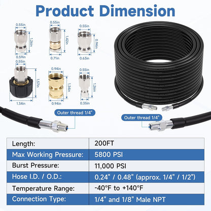 200FT Sewer Jetter Kit for Pressure Washer, 5800PSI, 1/4 Inch NPT Drain Cleaner Hose Sewer Jetting with Rotating Corner Button Nose Nozzle for Pipe Cleaning