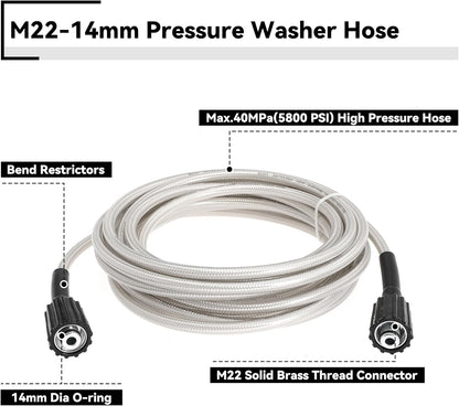 308835074 Pressure Washer Hose Replacement for Ryobi RY141600 RY141612 RY141812G Electric Power Washer, 25FT Pressure Braided Hose (M22-14mm)