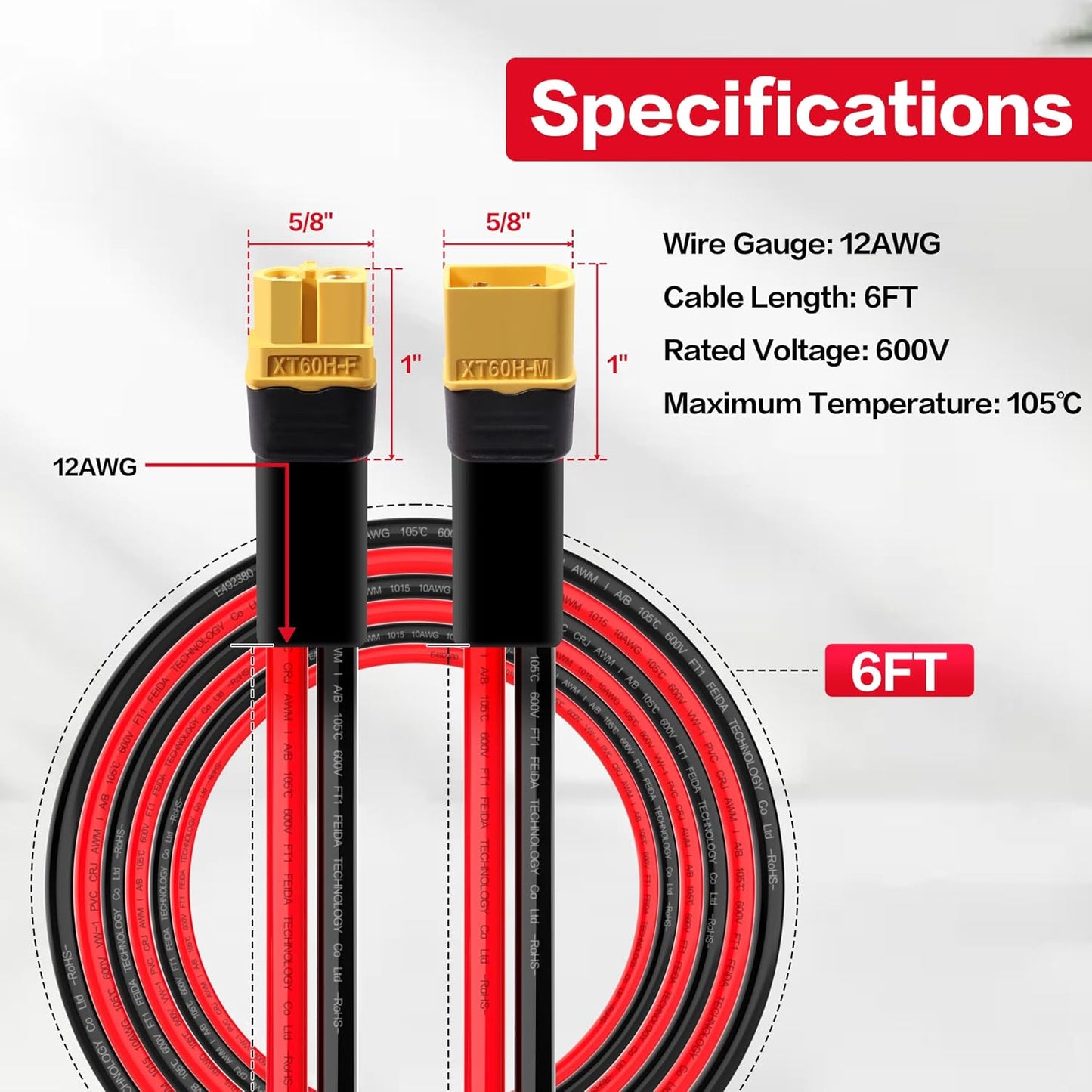 12AWG 6FT XT60 Extension Cable XT60H Male to Female Charging Cable for Solar Panels Portable Power Stations