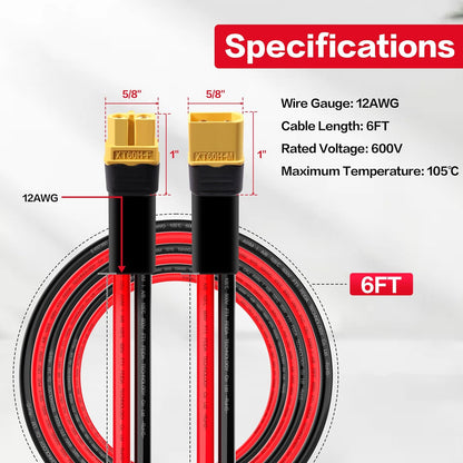 12AWG 6FT XT60 Extension Cable XT60H Male to Female Charging Cable for Solar Panels Portable Power Stations