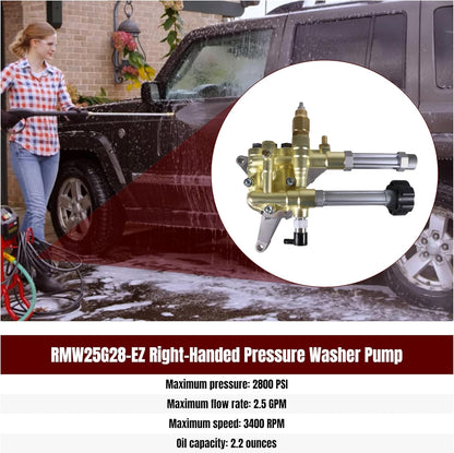 Replacement RMW25G28-EZ Pressure Washer Pumps Right-Handed Pump 7/8” Vertical Shaft Power Washer Pump 2800 PSI, 2.5 GPM, 193 Max Bar with Thermal Relief Valve, Easy Start Valve