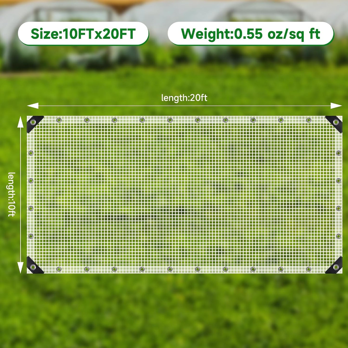 Clear Greenhouse Plastic Covering, 16Mil Thickness Heavy Duty Clear tarp for Chicken coop, Greenhouse Plastic sheeting with Hemmed Edges & preinstalled Grommets (White, 10x20ft)