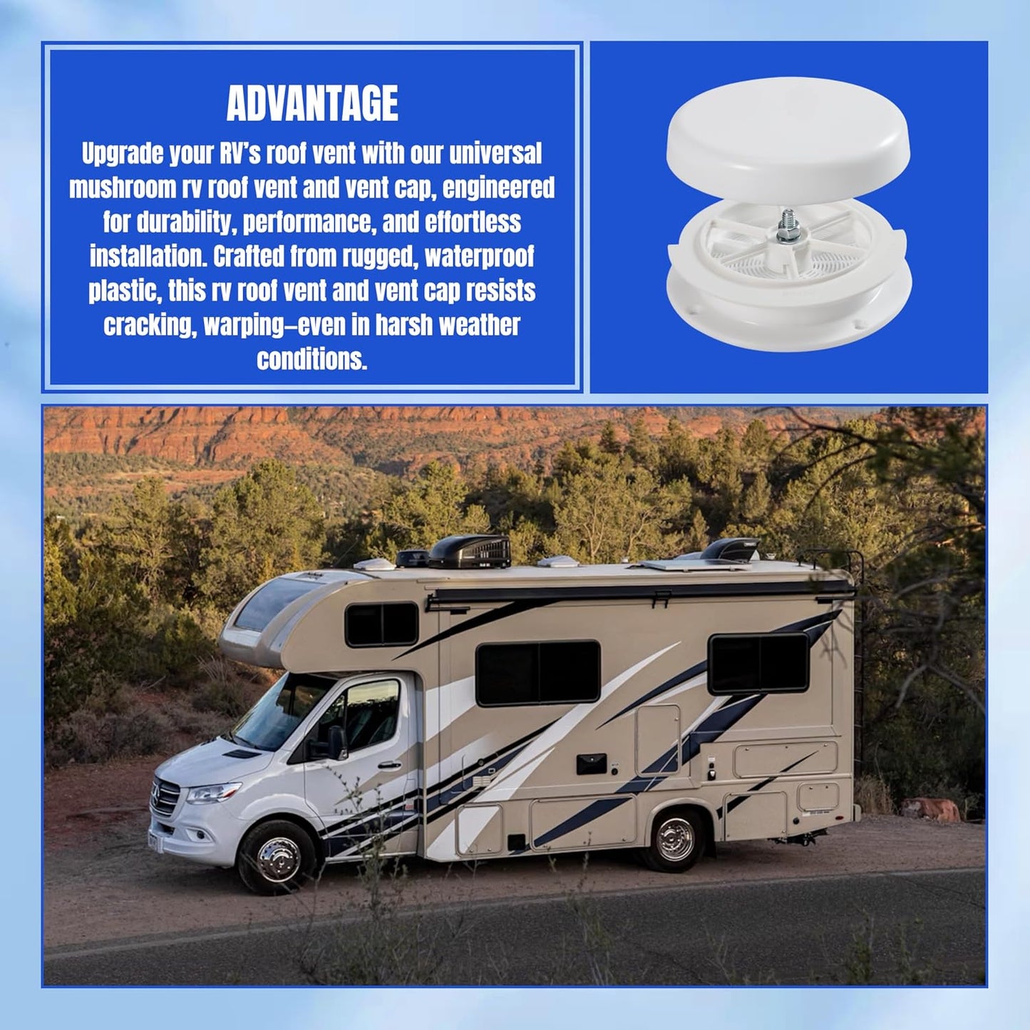 1 Pack RV Roof Mushroom Vent with 2Pcs Water Guard Cap Cover for RV Homes Campers Trailers Keystone Motor